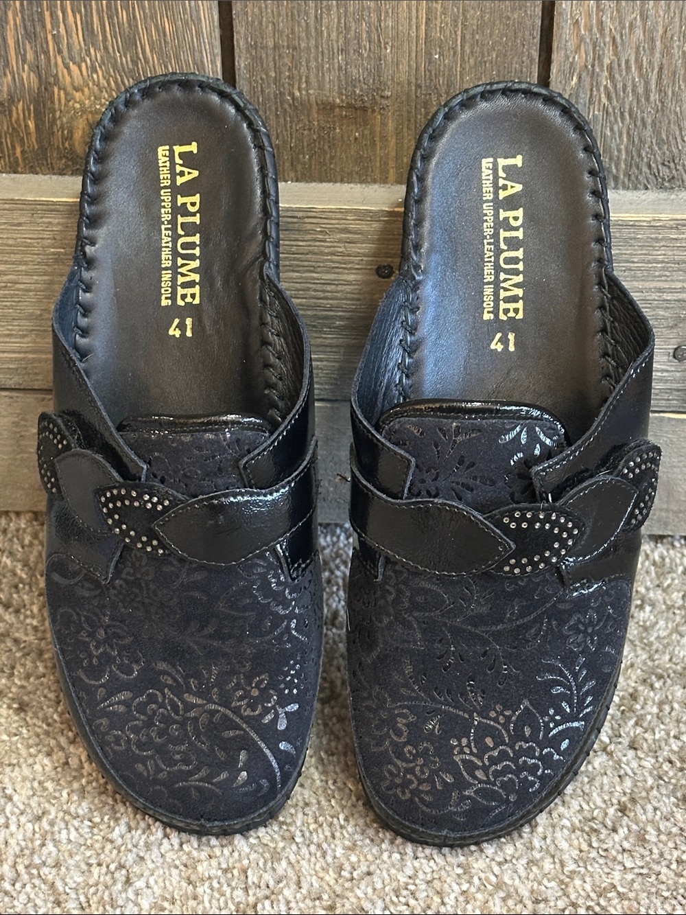 La Plume NEW Black Floral Leather Comfort Slides Made in Italy Mule Clogs 41